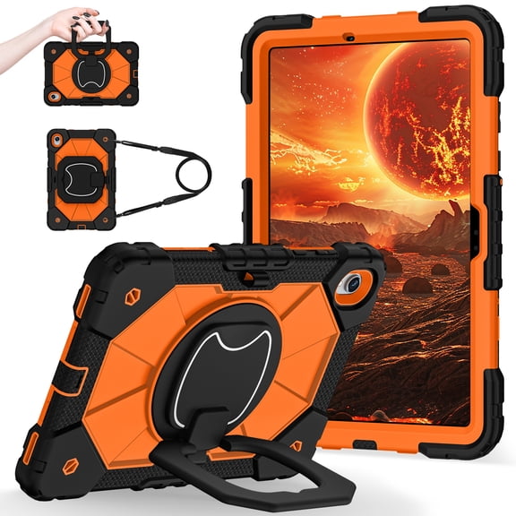 ELEHOLD Heavy Duty Case for Samsung Galaxy Tab S11 2025 11-inch, 3-Layer Rugged 360 Rotating Kickstand Handle Grip Detachable Shoulder Strap Kids Friendly Shockproof Case, Black Orange