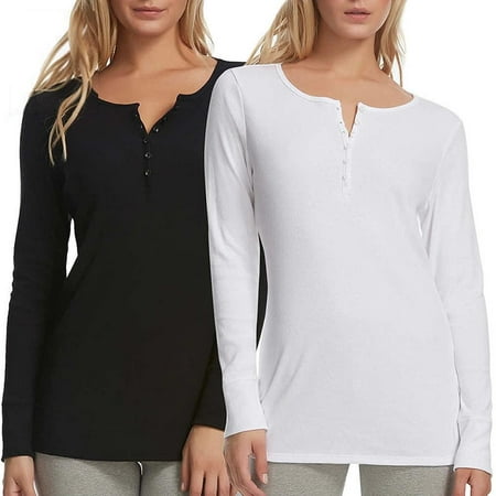 Felina Rib-Knit Long Sleeve Henley Tee 2PK Black/White size S 4-6 Womens Shirt Top Designer Fashion