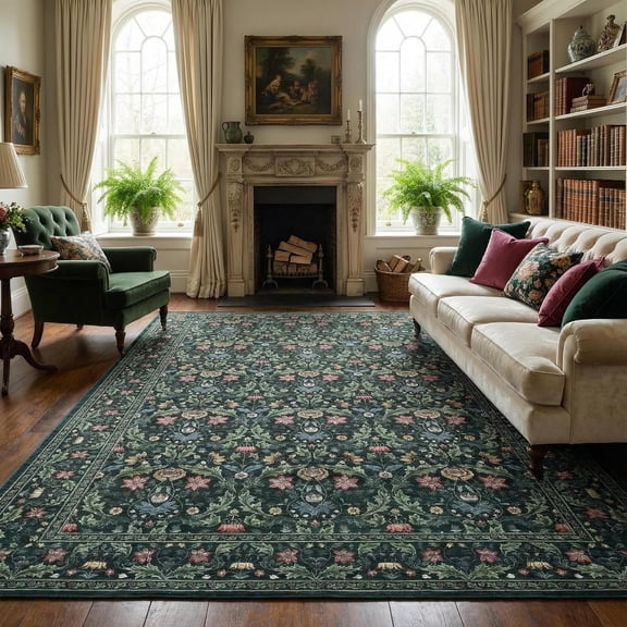 8x10 FT Vintage Floral Area Rug Washable Non Slip Soft Living Room Green