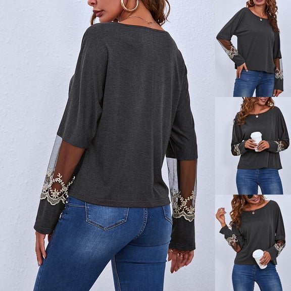 Women's Casual Fashion Long Sleeve Slim Lace Round Neck Tops Deep V Top Long Sleeve Tee Shirts Tall Juniors Tee Long Sleeve Tee Shirt Teen Shirts Elderly Women Girl Wrap Tops Women Fashion Polyester