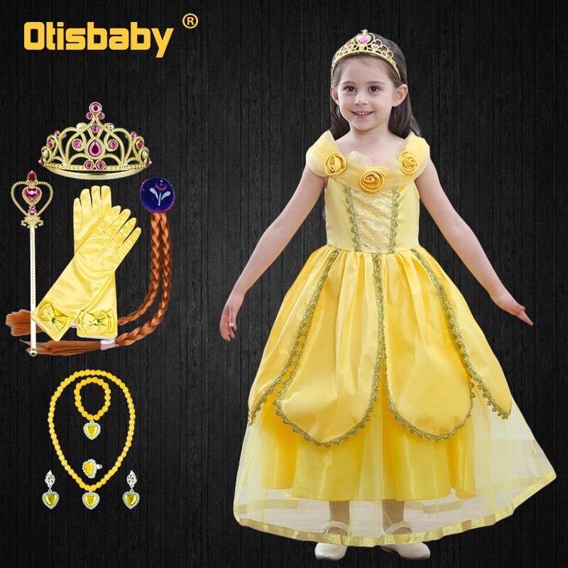 Vestido de La Bella y La Bestia para niñas, disfraz de Halloween y