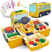 HONGTUO School Bus Toy with Sound and Light Simulation Steering Wheel Driving Toy Toddlers School Bus Toys with Music Education Knowledge Simulate school scenes Gift for 1-3-5 Boys & Girls
