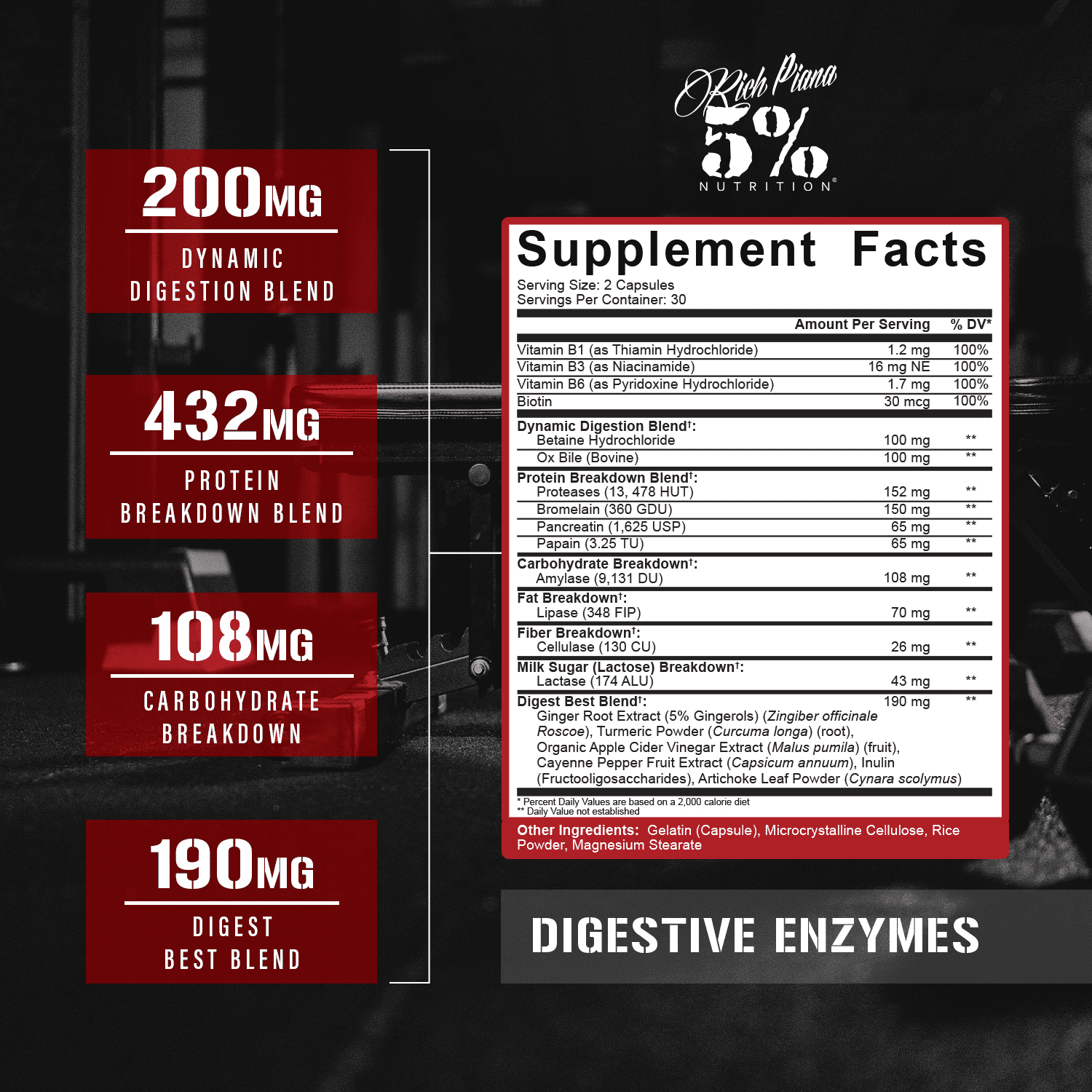 5% Nutrition Rich Piana Digestive Enzymes w/Vitamin B Complex | Enzymes for Protein, Carb, Fat, Fiber & Lactose Breakdown Betaine, Bromelain, Papain (Papaya), Lipase, Lactase, 60 Veg Caps (30 Svgs)