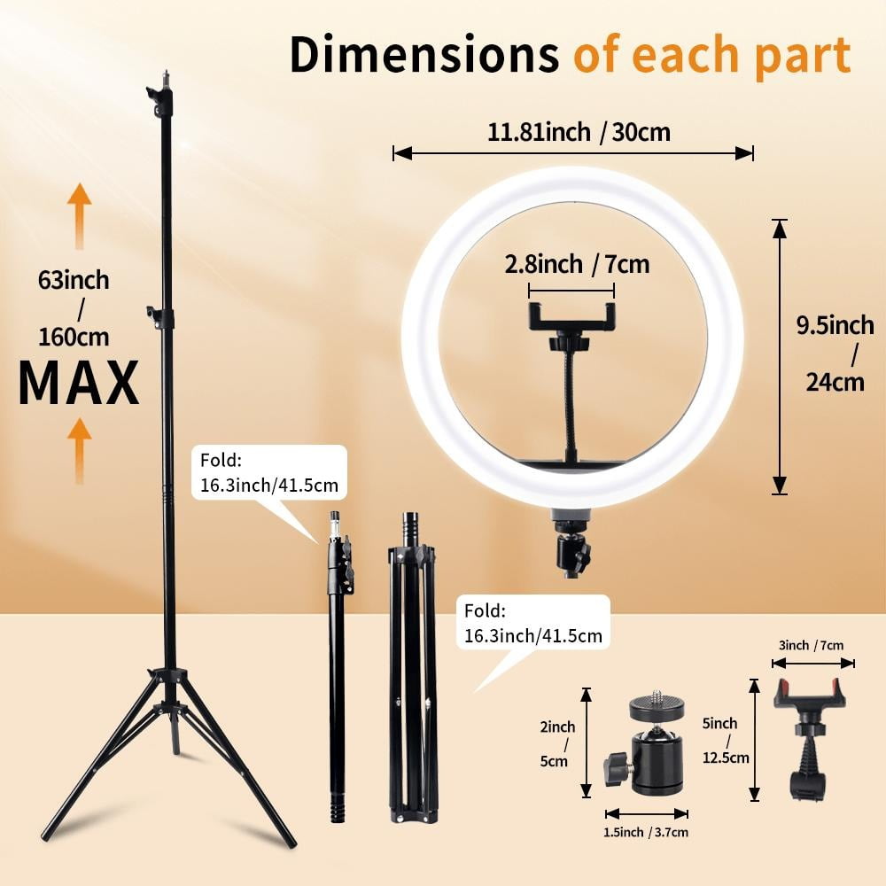 12'' Selfie Ring Light with 63'' Tripod Stand and Phone Holder, LED Ringlight for Recording/TikTok/Makeup/Photography, Circle Fill Light for iPhone&Android Phones tripod  for  iphone dimming level
