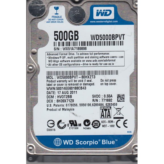 WD5000BPVT-80HXZT3, DCM HVOT2BB, Western Digital 500GB SATA 2.5 Hard Drive