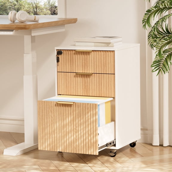 Fluted 3-Drawer Mobile Filing Cabinet with Lock Oak