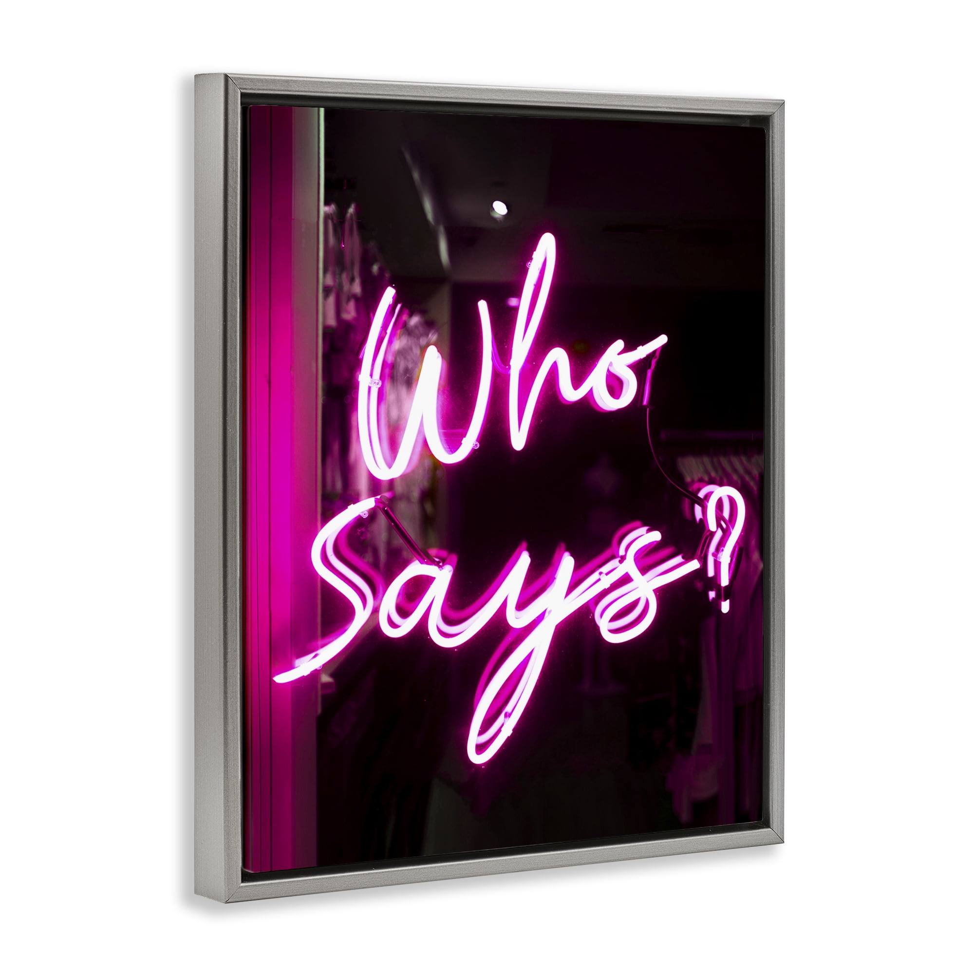 Stupell Industries Pink Neon Who Says Typography Painting Gray Floater Framed Art Print Wall Art, 25 x 31