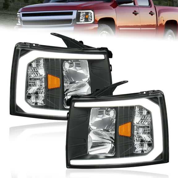 MOSTPLUS For 2007-2013 Chevy Silverado 1500 2500HD 3500HD DRL LED Strip Black Headlights