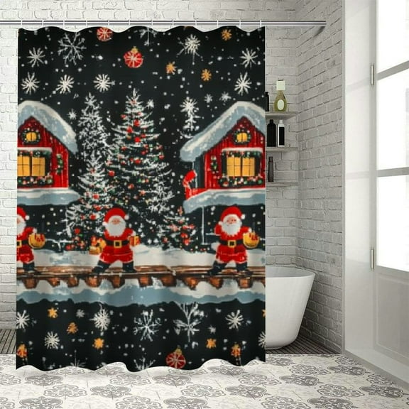 Sheronv Christmas Train Santa Claus Bathroom Décor Set with Hooks Polyester Fabric Shower Curtain Waterproof Bathroom Shower Curtain Set 100% Polyester Washable Santa Theme Decor 36"x72