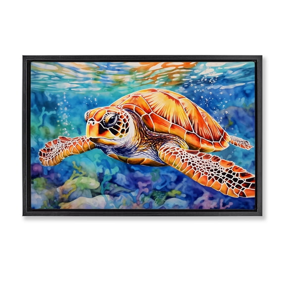 Stupell Industries Contemporary Brown Sea Turtle Under Surface Black Floating Frame Canvas Art, 25 x 17, by LSR Design Studio