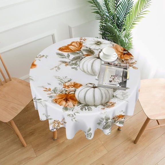 RKSupls 60 Inch Round Tablecloth, White Pumpkin Floral Premium Polyester Straight Edge Wrinkle Resistant Washable Table Cover for Party Home Dining Decor