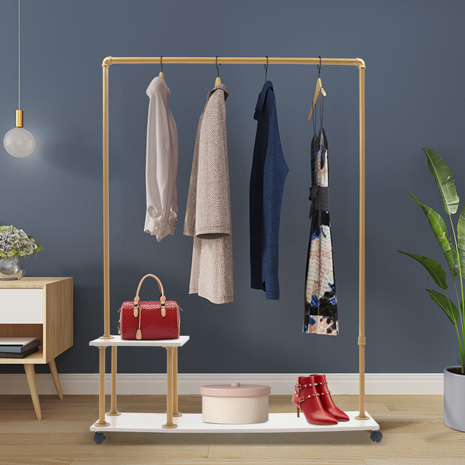 Retail Clothes Store Rack Display Rack Wooden Metal Gold Garment