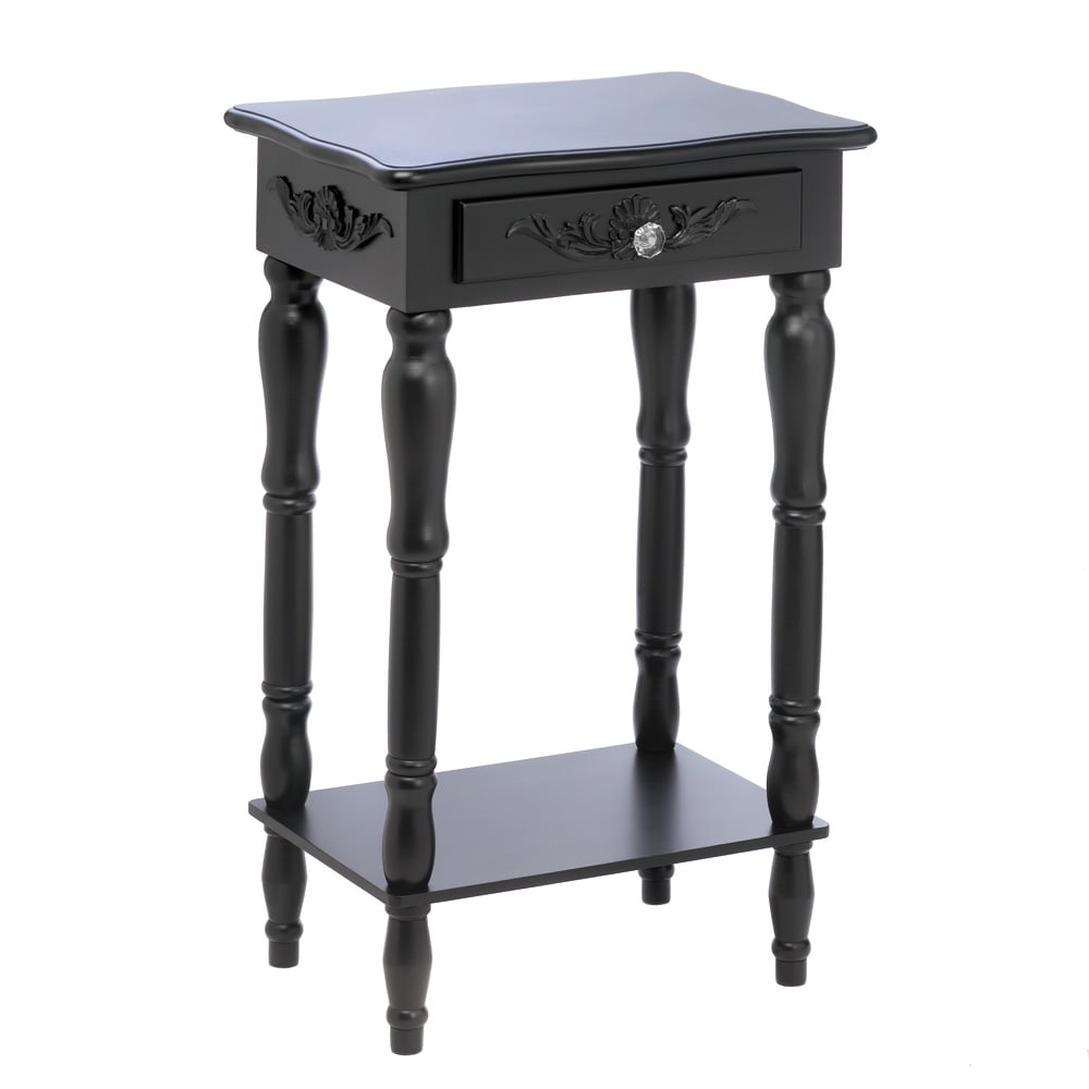 Black Side Table With Drawer, Pine And Mdf Wood Side Sofa Tables Living Room