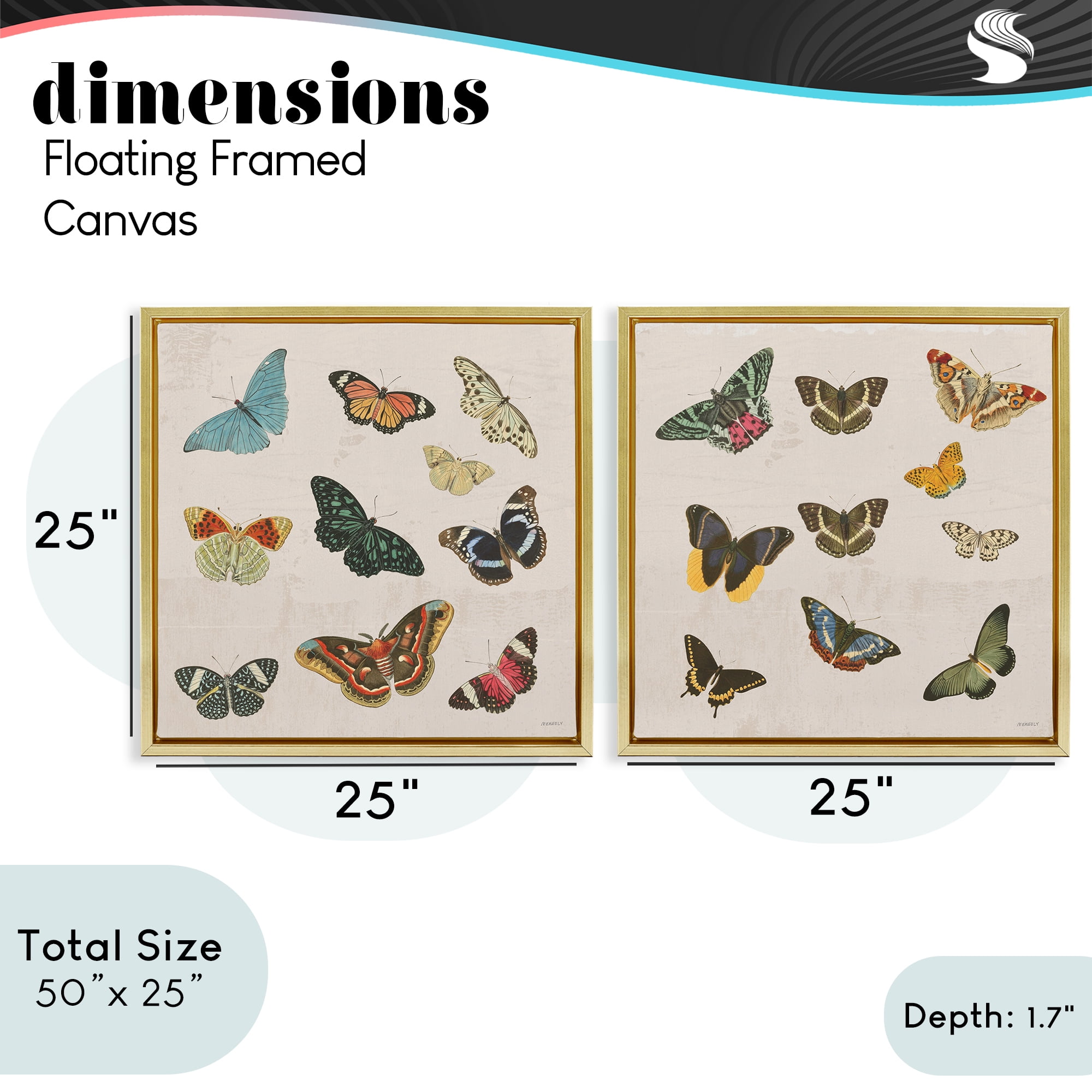 Stupell Industries Collection of Vintage Butterflies 2 Piece Gold Framed Floater Canvas Set, design by Dan Meneely