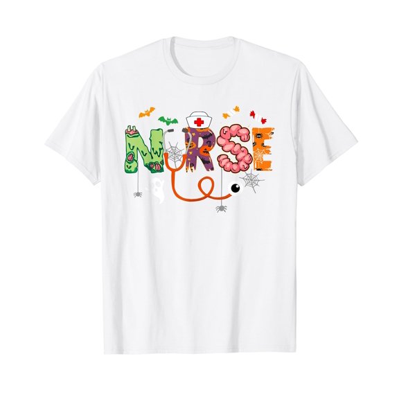 Happy Halloween Nurse Nursing Stethoscope Cute Health Worker White T-Shirt Cotton Tee
