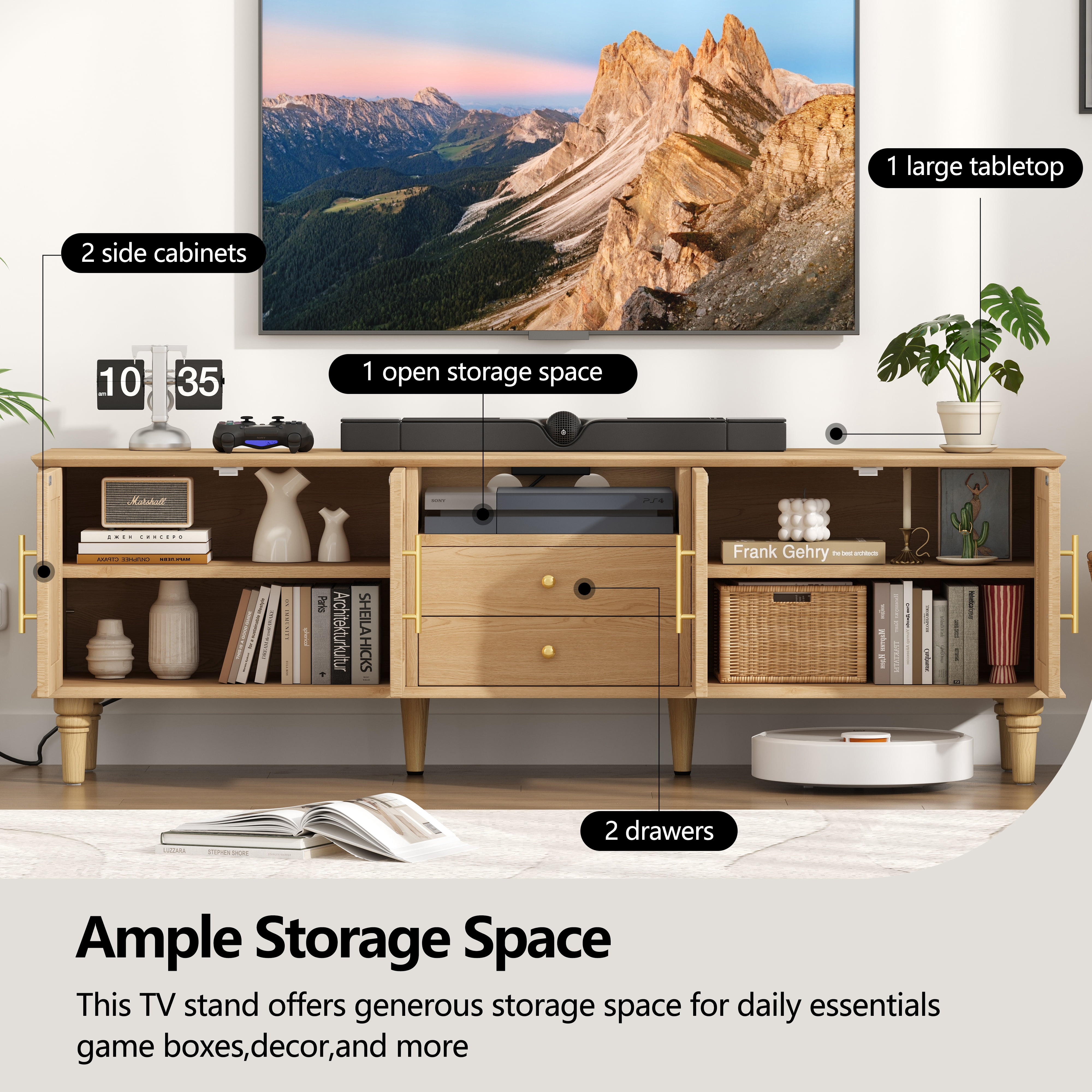 Rattan TV Stand for 75 inch TV, 63"W Entertainment Center with Power Outlet & Storage Cabinet, 2 Drawers & Doors, Adjustable Shelf, Modern Media TV Console Table for Living Room, Bedroom, Natural Oak