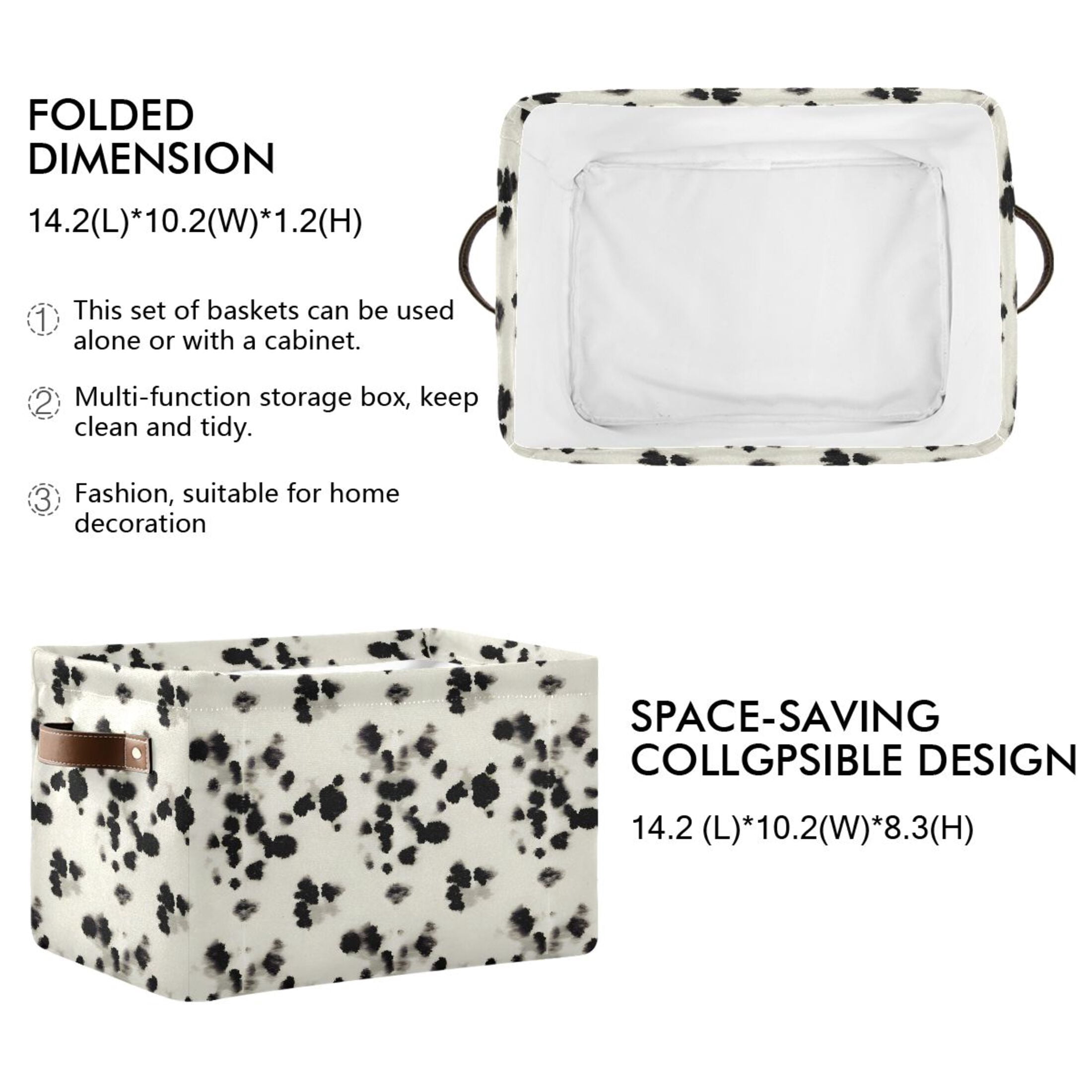 Black Cow Spots Storage Bins with Handle Fabric Organizer Basket Foldable Box 2 Pack 14.2x10.2x8.3