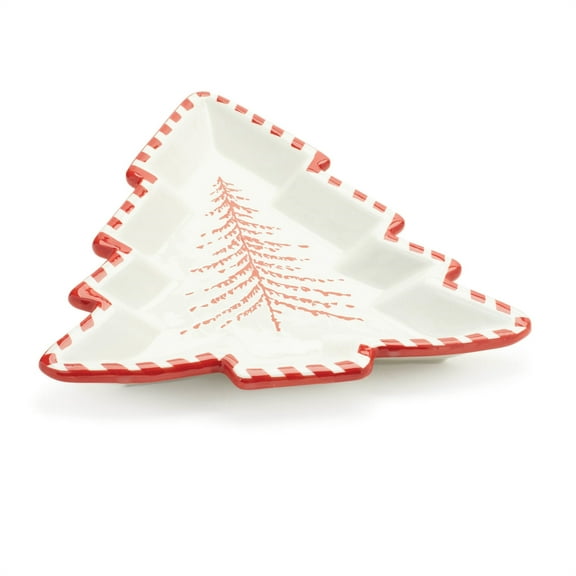 Melrose Pine Tree Ceramic Platter - 11.75" - White and Red - Set of 2