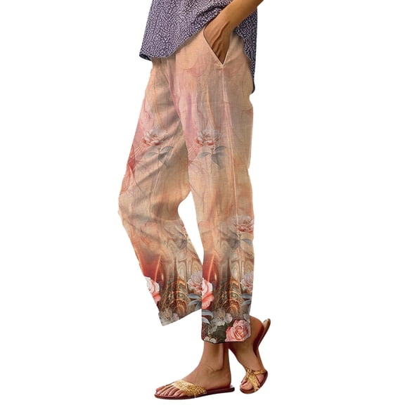 YUANGUANST Wide Leg Pants Woman Women's Casual Boho Floral Print Stripe Cotton Linen Pants Elastic Waisted Summer Spring Beach Baggy Business Work Casual Pants