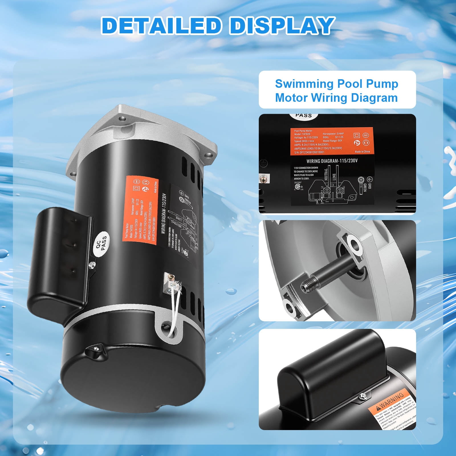 B2852 3/4 HP Pool Pump Motor, 56Y Frame Swimming Pool Pump Motor, 115/230V, 3450 RPM, 303 Stainless Steel Shaft, Replacement Motor for Outdoor/Indoor Swimming Pool