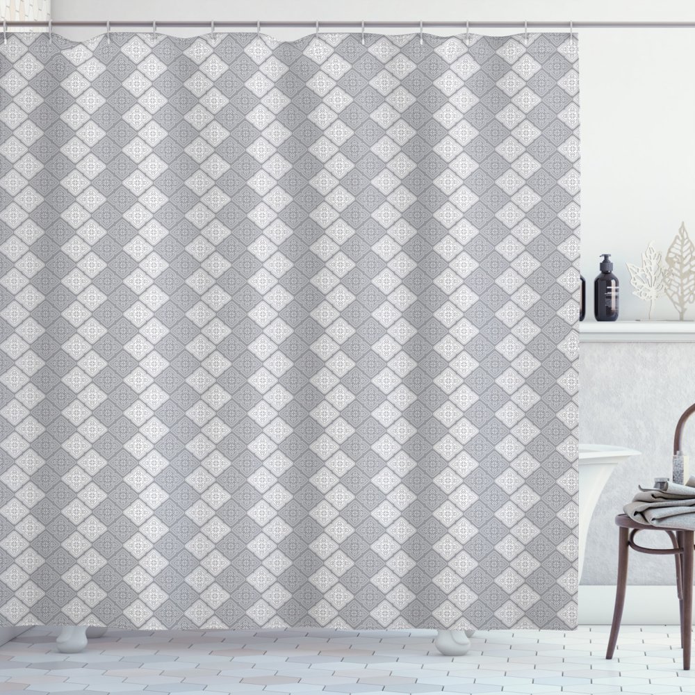 Geometric Shower Curtain, Greyscale Floral Pattern with Abstract Leaf