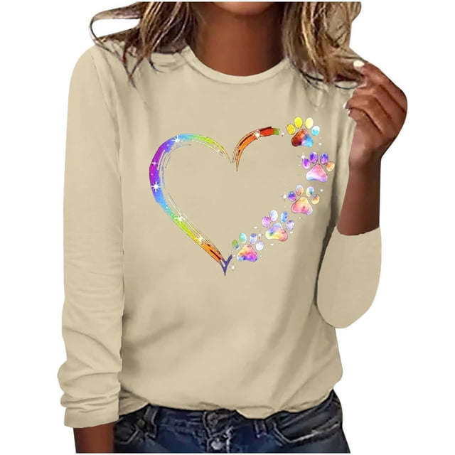 Jsaierl Hauts de la Saint-Valentin pour Femmes Tendance Coloré Patte de Chien Cœur Graphique T-Shirts Décontractés Col Rond Manches Longues