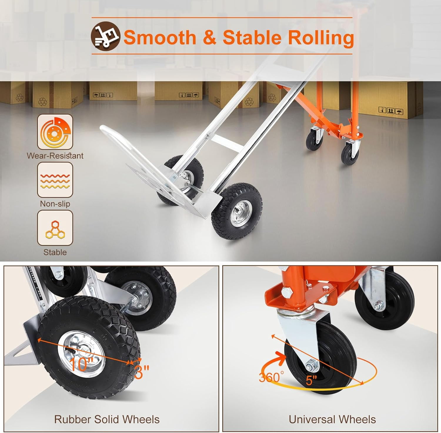 3-in-1 Aluminum Convertible Hand Truck Dolly, 770 lbs Capacity, Industrial Cart with 10" Rubber Wheels, Ergonomic Handle & Extendable Nose Plate