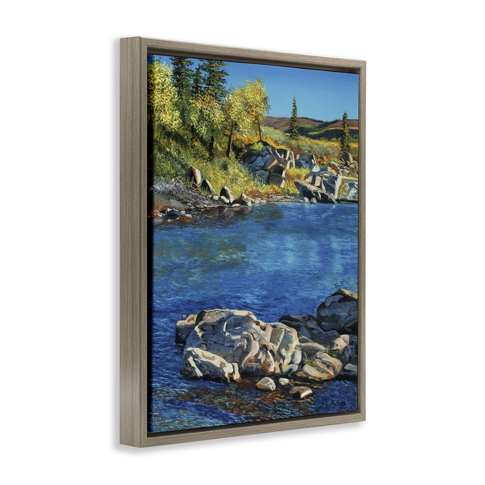 Stupell Industries Rocky River Landscape Landscape & Nature Painting Brown Floater Framed Canvas Art Print Wall Art, 17 x 21