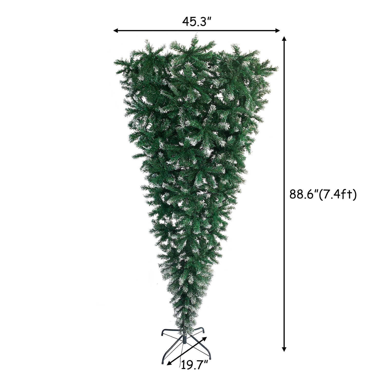 Kadyn Upside Down Green Christmas Tree, Xmas Tree with LED Warm White Lights, Green leaves with part spraying White, Reinforced Metal Base & Easy Assembly 7.4ft X-mas