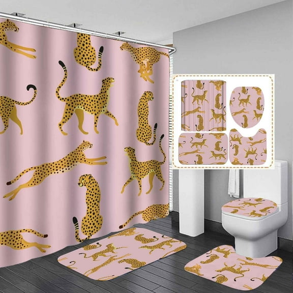 4PCS Leopard Shower Curtain Sets with Rugs, Waterproof Fabric Pink Shower Curtain, Tropical Jungle Rainforest Plant Botanical Palm Leaves Safari Wildlife Animal African Cheetah Bathroom Decor