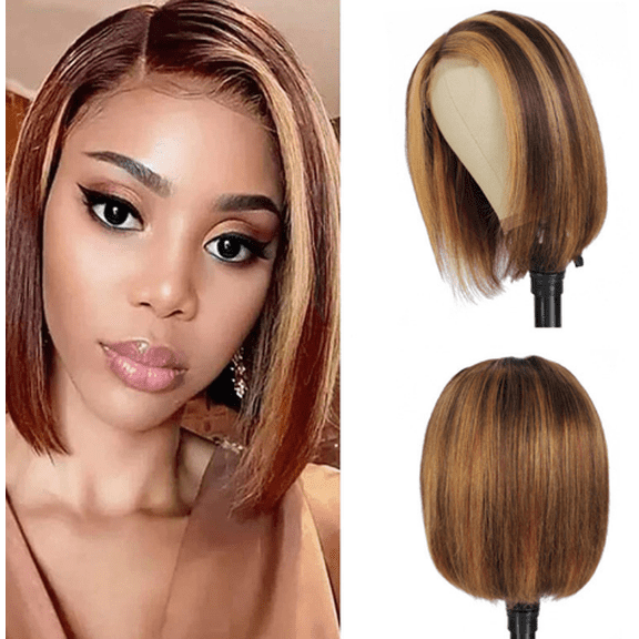 Highlight Ombre Bob Wig Human Hair 13x4 HD Lace Frontal with Baby 180% Density for Black Women - P4/27 Color