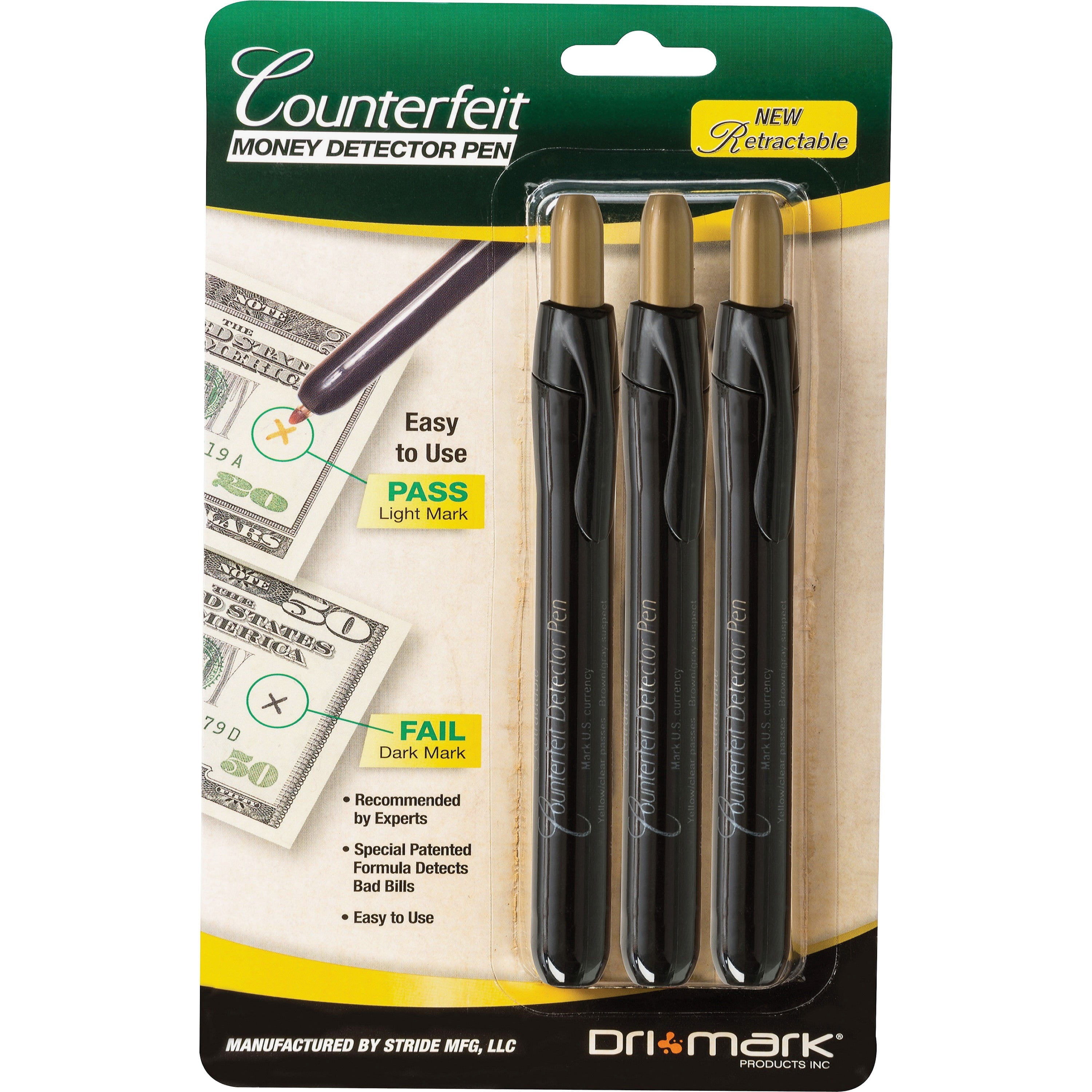 Dri Mark Retractable Counterfeit Pen, Black