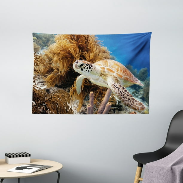 Turtle Tapestry, Coral Reef and Sea Turtle Close Up Photo Bonaire Island  Waters Maritime, Wall Hanging for Bedroom Living Room Dorm Decor, 60W X 40L  