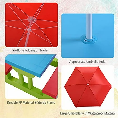 KOTEK Kids Picnic Table, Outdoor Kids Table and Bench Set w/Removable Umbrella, Plastic Children Patio Furniture, Toddler Picnic Tables for Backyard, Garden, Nursery, Gift for Boys