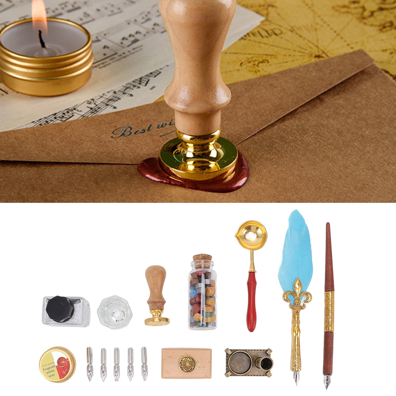 YAHHU European Style Feather Pen Set, Vintage Calligraphy Quill Pen Set with Blotter Stamp, Melting Wax Spoon, and 5 Replaceable Nibs for Art and Gifting (11.42 inches / 29.00 cm)