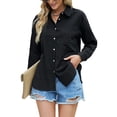 thumbnail image 1 of Blusa de corte casual Cuello en V Abotonado Manga larga enrollable Cuello vuelto Blusa holgada Negro L, 1 of 6