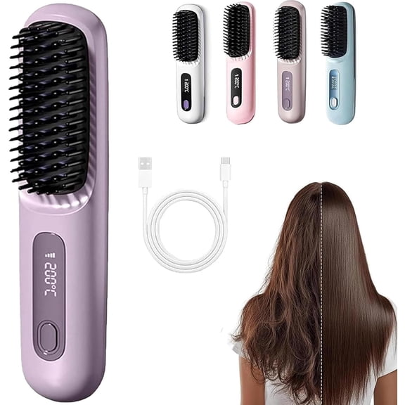 Cordless Hair Straightener Brush for Short Hair with LCD Temperature Display, Fast Heating Travel Styler, Portable Straightening Brush