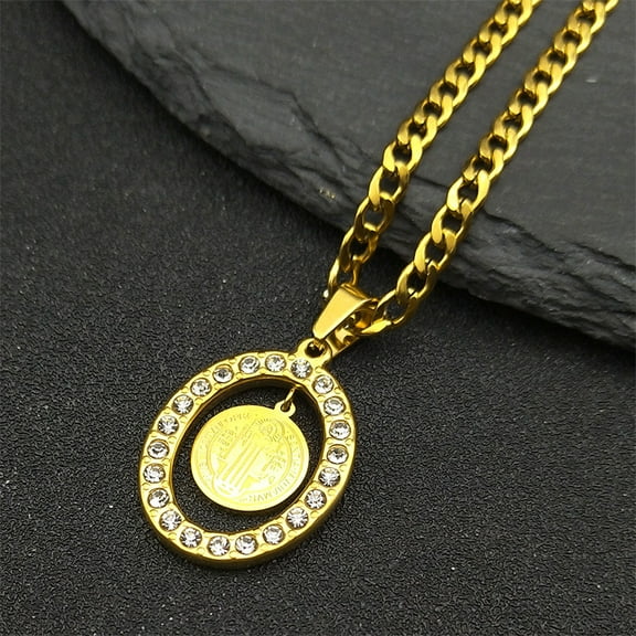 Vintage Crystal Saint Benedict Medal Necklace Chain for Women Men 14K Yellow Gold Necklaces Jewelry San Benito