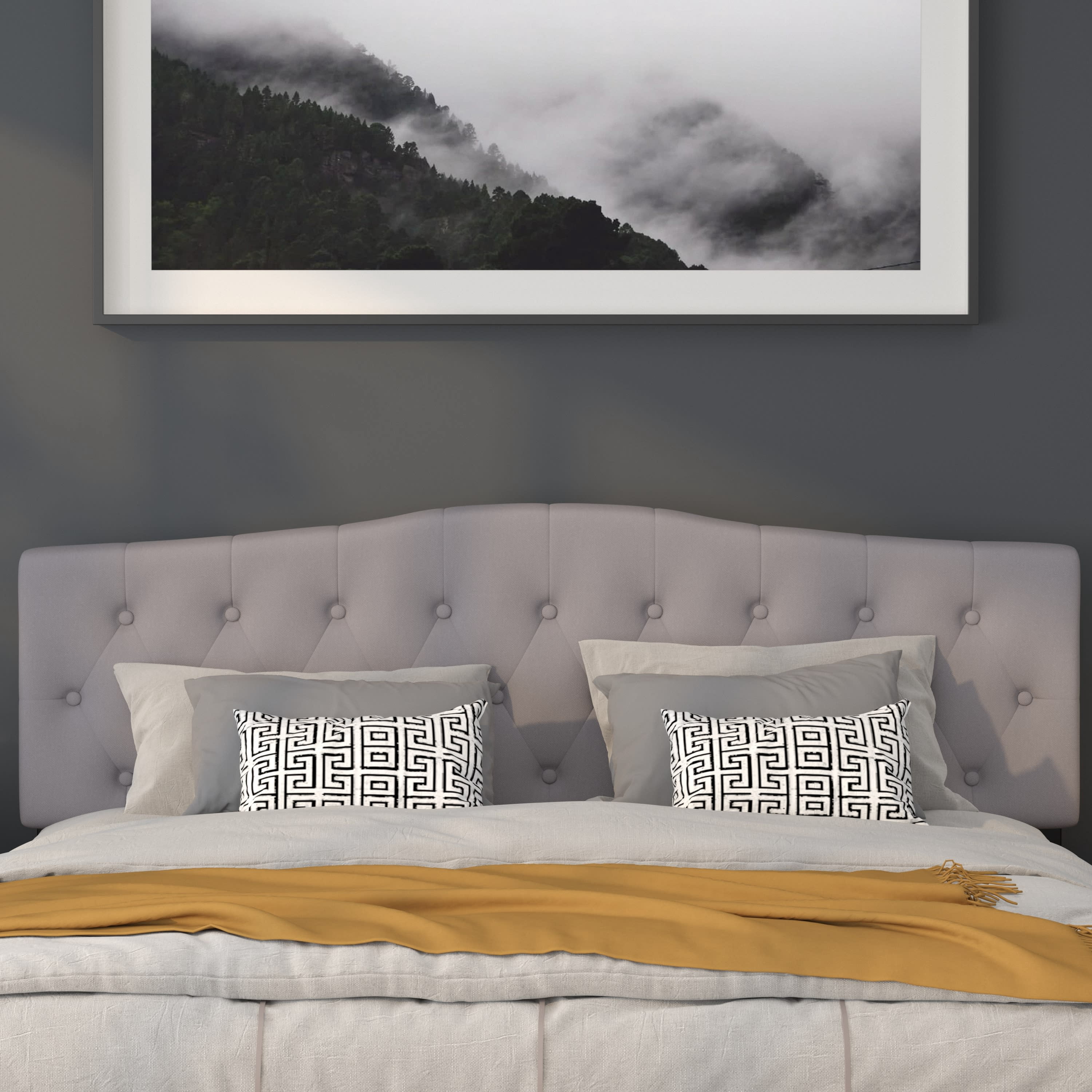 BizChair Arched Button Tufted Upholstered King Size Headboard in Light Gray Fabric
