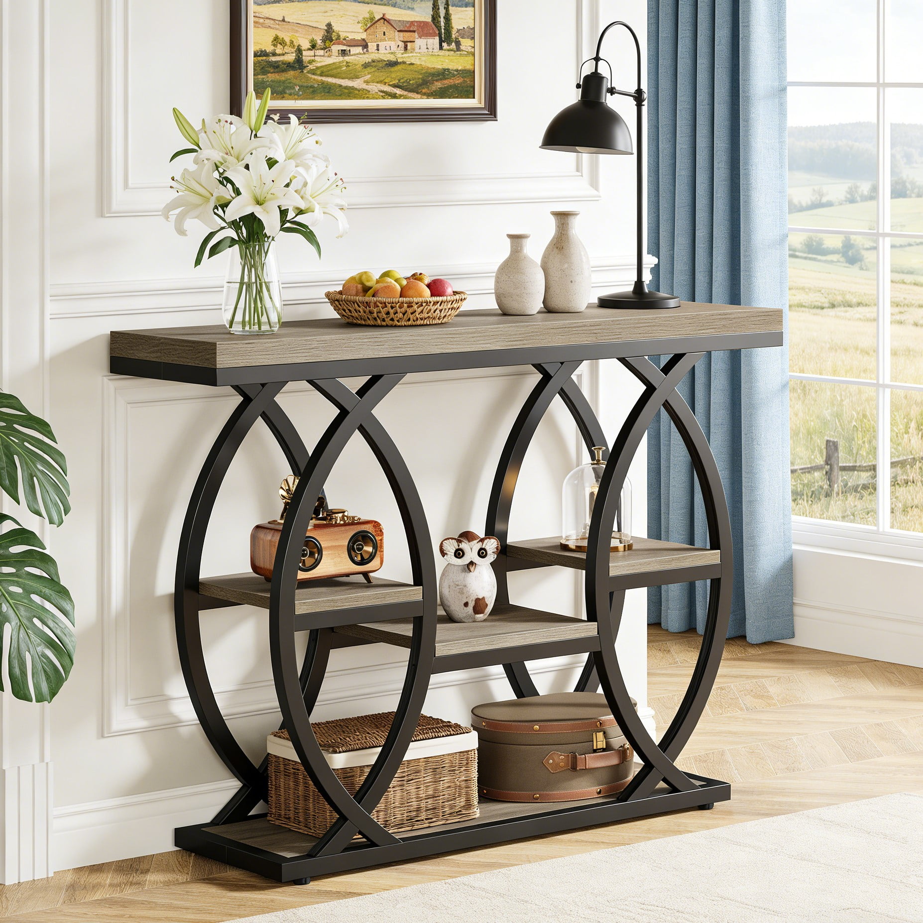 Fnova 39.4" Industrial Console Table, 4-Tier Retro Staggered Storage Shelves, Narrow Wood Accent Table with Metal Frame, for Small Spaces, Entryway, Sofa, Hallway
