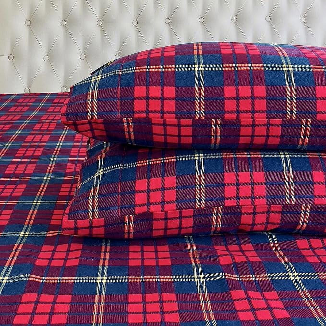 Elegant Comfort 4-Piece Cotton Flannel Sheet Set, Deep Pocket Fitted, Cali King, Plaid-Red/Navy