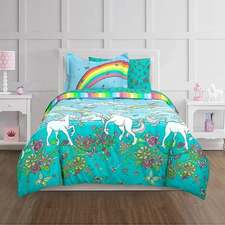 Twin 5-Piece Comforter Set, Kid Mix Rainbow Unicorn Bed-in-a-Bag Set