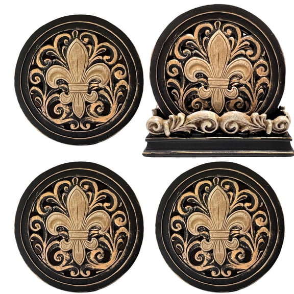 Fleur De Lis FDL Carved Scrolls 4 Coasters Set Kitchen/Bar Decoration