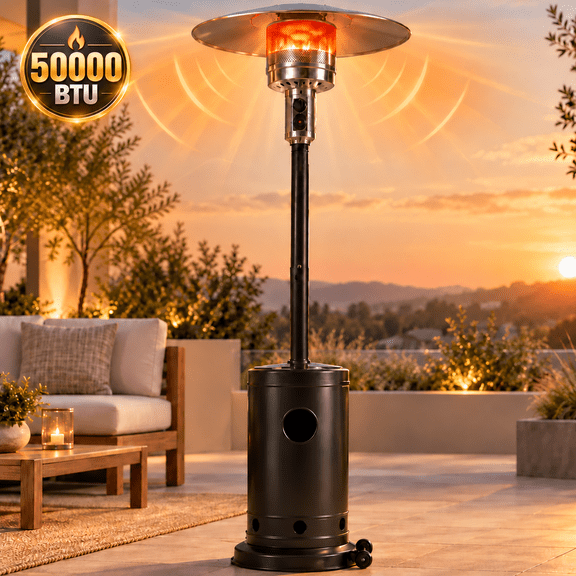 Syngar Patio Heater for Outdoor Use, Propane Heater for Outdoor with Wheels, 50000 Btu, Stainless Steel, Stable Base for Home, Backyard, Black