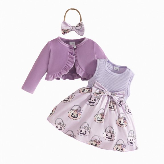 larppty Toddler Baby Halloween Outfit Girl Ghost Pumpkin Long Sleeve Cardigan and Sleeveless Dress Festival Clothing Sets(18-24 Months,Purple)