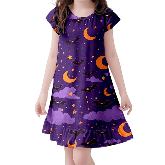 Curuila Children Girls Halloween Dress Flutter Sleeve Hallowmas Cartoon Print Crew Neck For Party Soft Casual Dresses Size 3-4 Years