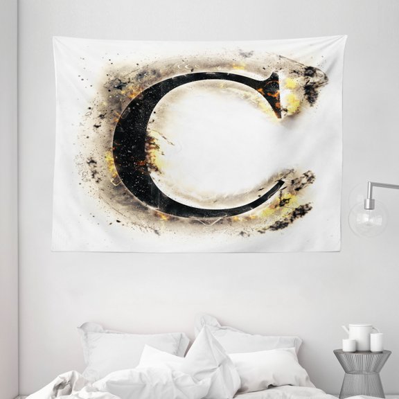 Letter C Tapestry, Letter C Flaming Backdrop Combusted Alphabet Symbol Paper Effect Writing, Wall Hanging for Bedroom Living Room Dorm Decor, 80W X 60L Inches, Tan Black Yellow, by Ambesonne