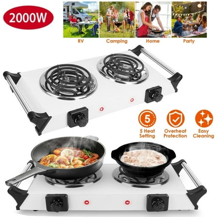 Double Countertop Burner,Countertop Electric Double Burner,2000W Portable Electric Stove, 5 Gear Temperature Control for Cooking Kitchen Dorm Camping, White