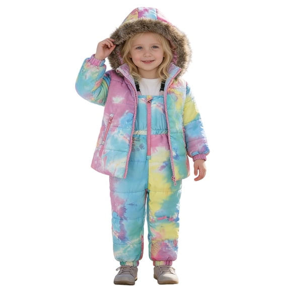 CAIVO Toddler Child Boys Girls Winter Coat Long Sleeve Hooded Jacket Kids Thicken Windproof Zipper Warm Outwear Trousers Overalls Suspender Pants Outfit Sets Trendy Clothing Sets