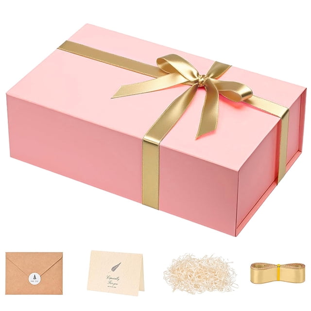 Caja de regalo de cartón elegante rosa con cinta dorada de 20 x 18 x 9 cm